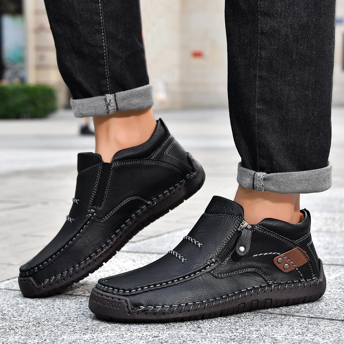 Coramtty Men's Casual Chukka Boots Handmade Comfort Vintage Mid Top Ankle Boots Side Zipper Lightweight Loafers Walking Driving Dress Shoes - Image 2
