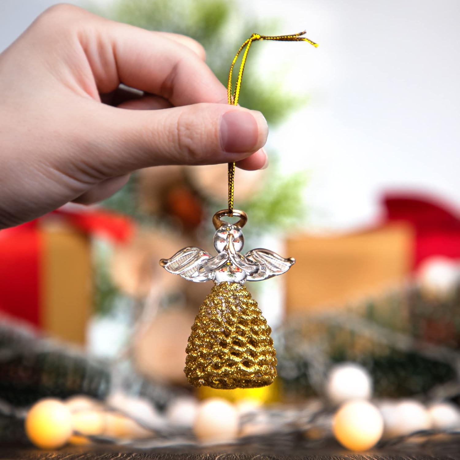 6pcs Glass Gold Angel Ornaments Spun Angels and 7pcs Rainbow Guardian Angel Crystal Suncatcher for Christmas Season Holiday Decor