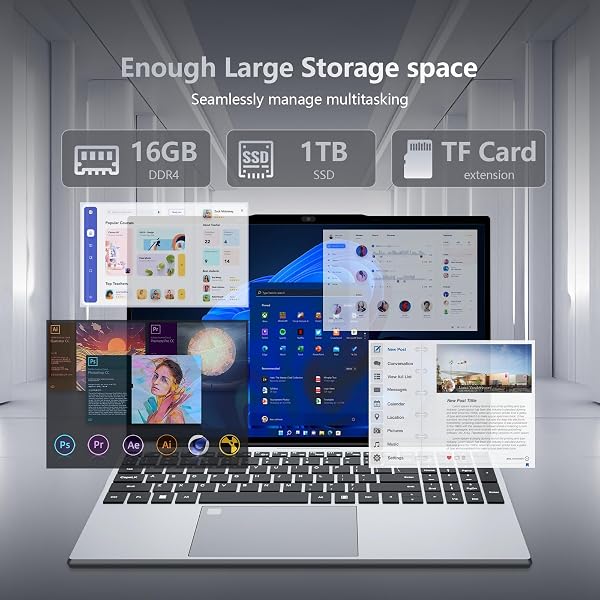 Ordinateur Portable 15,6 Pouces Celeron N95, PC Portable Win 11, 16 Go RAM 1 To SSD, Laptop avec Écran FHD IPS 1920x1080, Clavier Rétroéclairé Lecteur d'Empreinte Digitale, USB3.0, HDMI, Wi-Fi5, BT4.2 - 3
