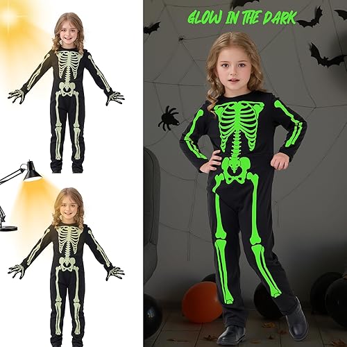 Miniatura 6 de Disfraz de esqueleto para niños, disfraz de esqueleto que brilla en la oscuridad, disfraz de Halloween con guantes para niños y niñas