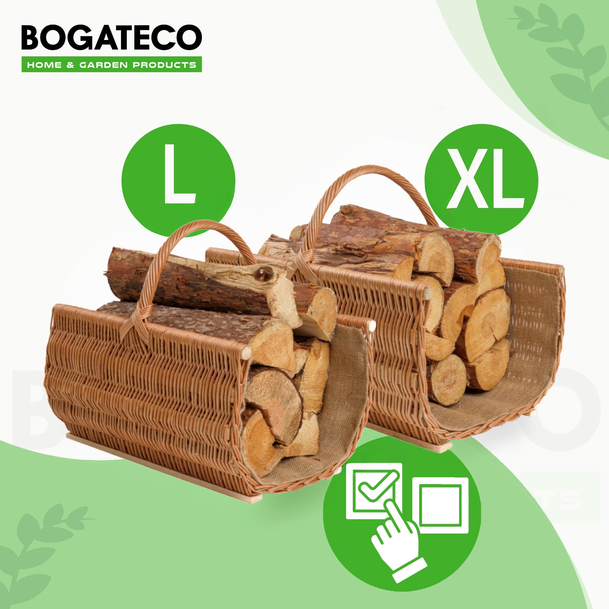 BOGATECO Cesta de mimbre con asa, cesta grande para chimenea, 60 x 45 x 30 cm, tejida a mano, cesta de madera con refuerzo