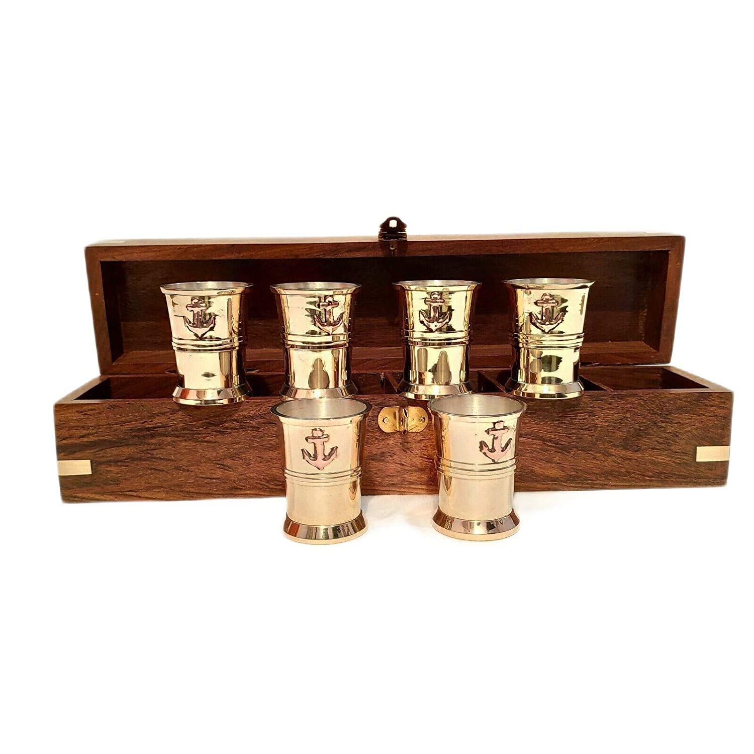 TGA Brass Shot Glass Set of 6 with Wood Box Collectible Gift