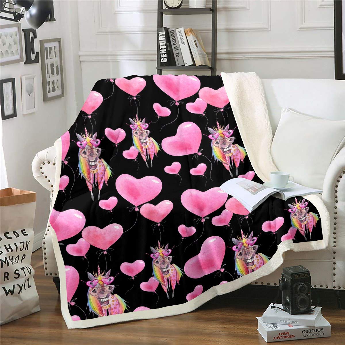 Loussiesd Kids Unicorn Sherpa Blanket Magical Animal Decor Fleece Throw Blanket for Sofa Bed Funny Unicorn Ultra Soft Decor Pink Balloons Romantic King 87x94 Inch