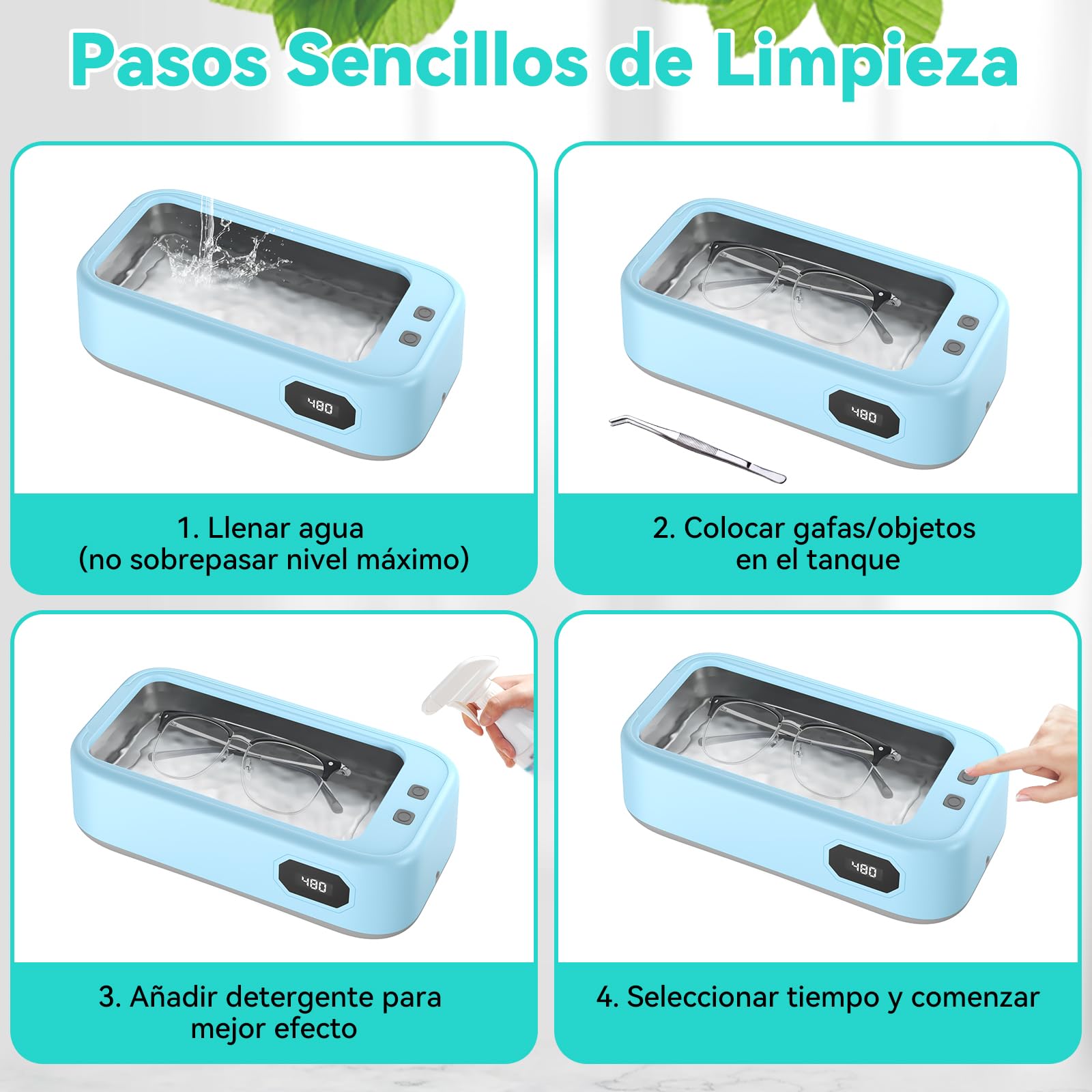 Limpiador Ultrasonidos, 640ml Ultrasonidos Limpieza con 5 modos, 40W Limpiador Ultrasónico, 49000 HZ Ultrasonic Cleaner para Joyas, Gafas, Relojes, Dentaduras, con Pinzas y Paño de Limpieza (Azul)
