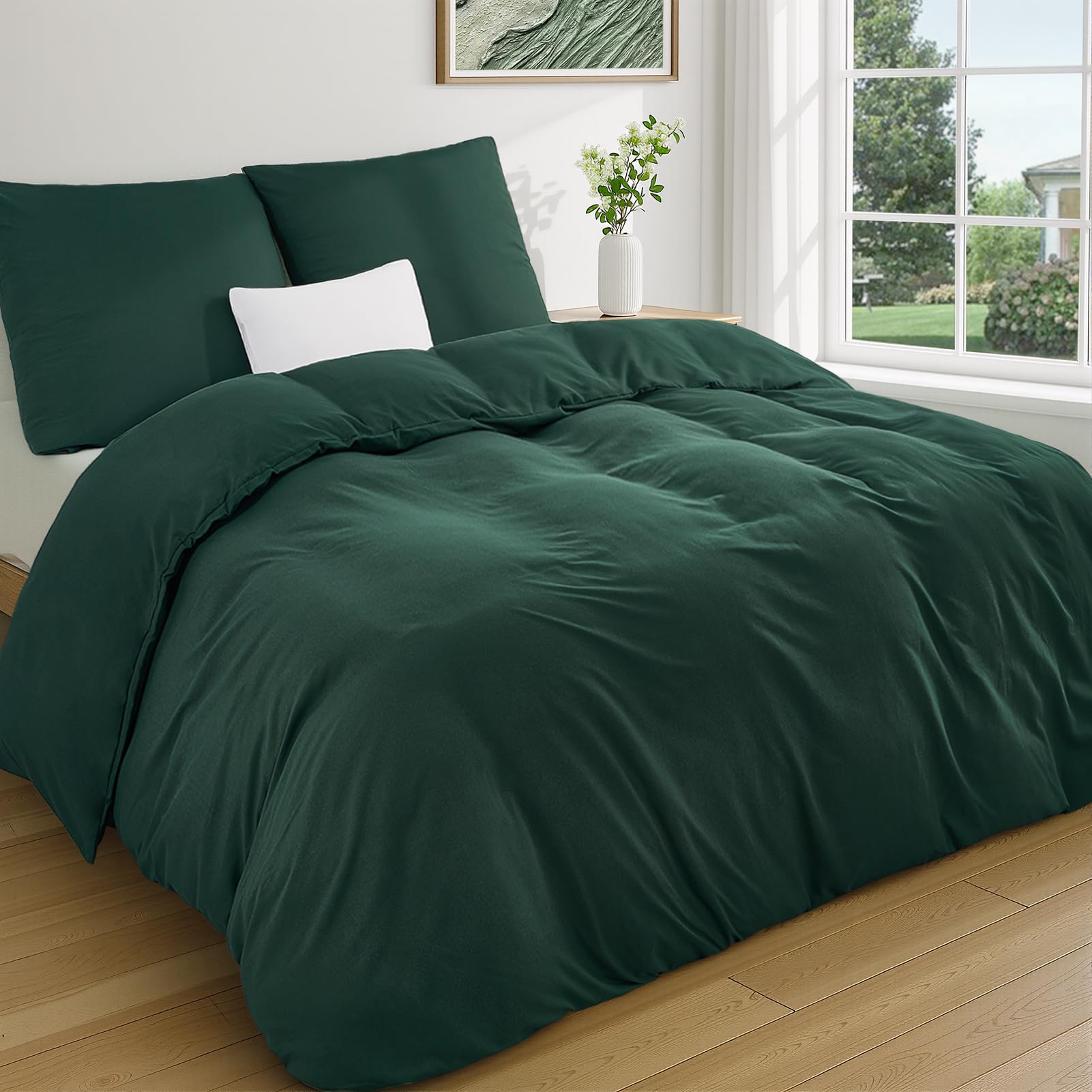 Duvetnova Dark Green King Size Duvet Cover Sets OEKO-TEX Ultra Soft Brushed Microfiber Bedding Set with Zipper Closure 230x220cm with 2 Pillow Cases All Season