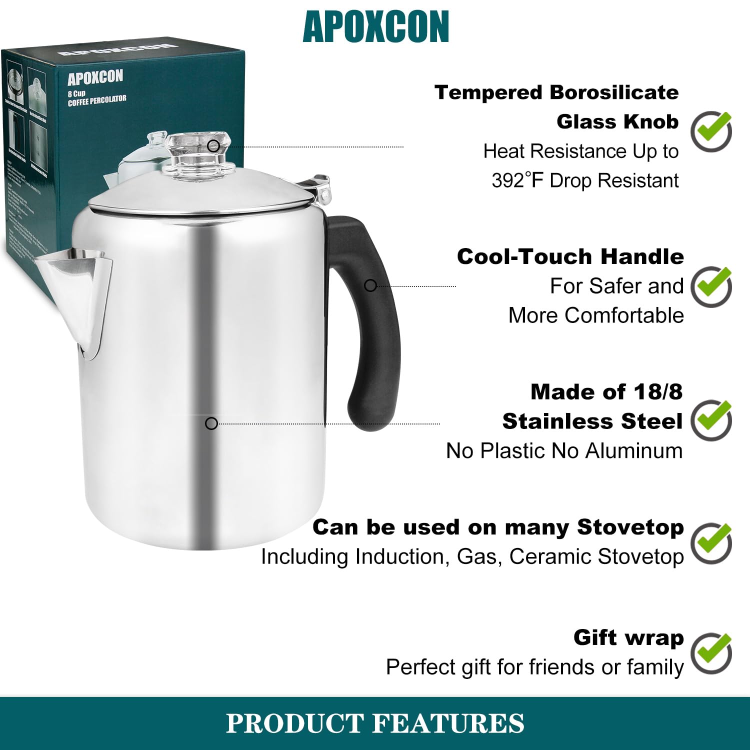 APOXCON Coffee Percolator Pot Stainless Steel Coffee Maker with Heat Resistant Tough Glass Knob Camping Coffee Pot Using on any Stovetop Silver 8 Cup - Image 3