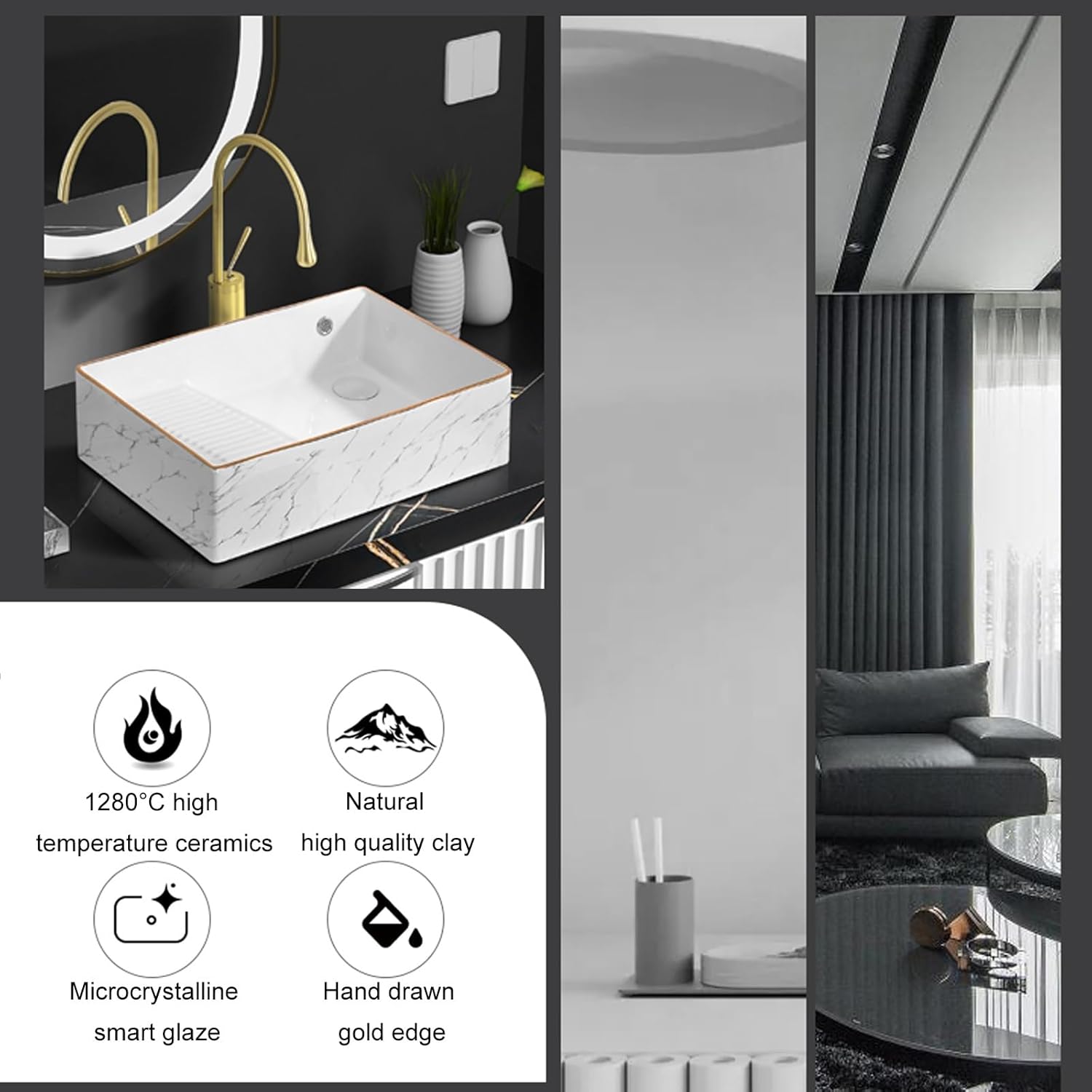 Bathroom Sinks Above Counter,White Bathroom Ceramic Sink,Ceramic Laundry Sink wiht Washboard,with Drain Set, Suitable for bathrooms, Toilets, Balconies, and Laundry Rooms
