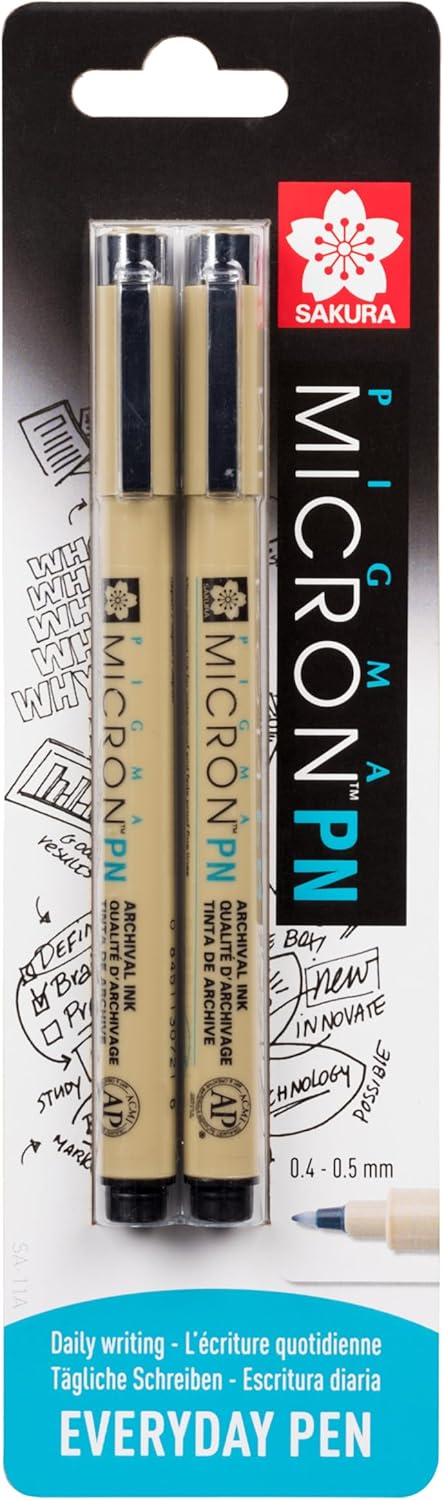 SAKURA Pigma Micron PN Black 2 Pieces Microtip with a Width of 0.4-0.5 mm Marker Pen Set