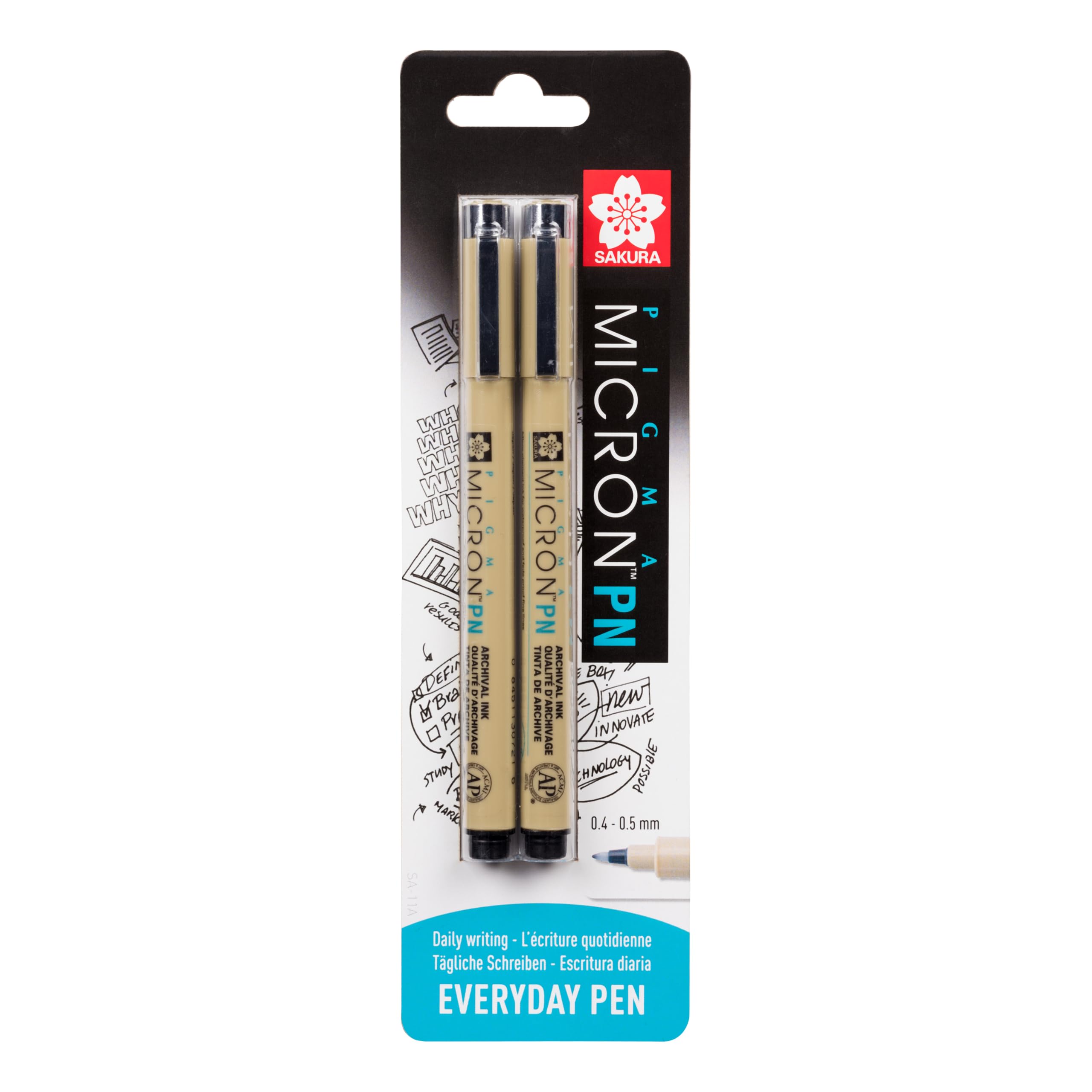 SAKURA Pigma Micron PN - 2 Black Pens - Fine Tip 0.4/0.5 mm - Archival Ink - Fade-Resistant - Waterproof - Quick Dry - Blister Pack