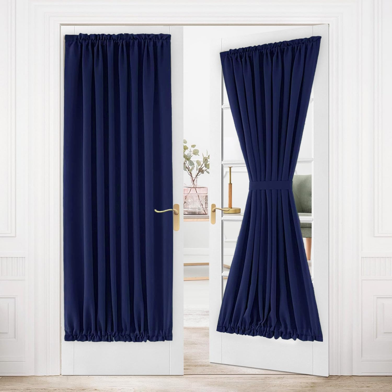 DWCN French Door Curtains – Rod Pocket Thermal Blackout Curtain for Doors with Glass Window, Kitchen and Patio Doors for Privacy, 54 X 80 Inches Long, 1 Curtain Panel with Tieback, Dark Blue