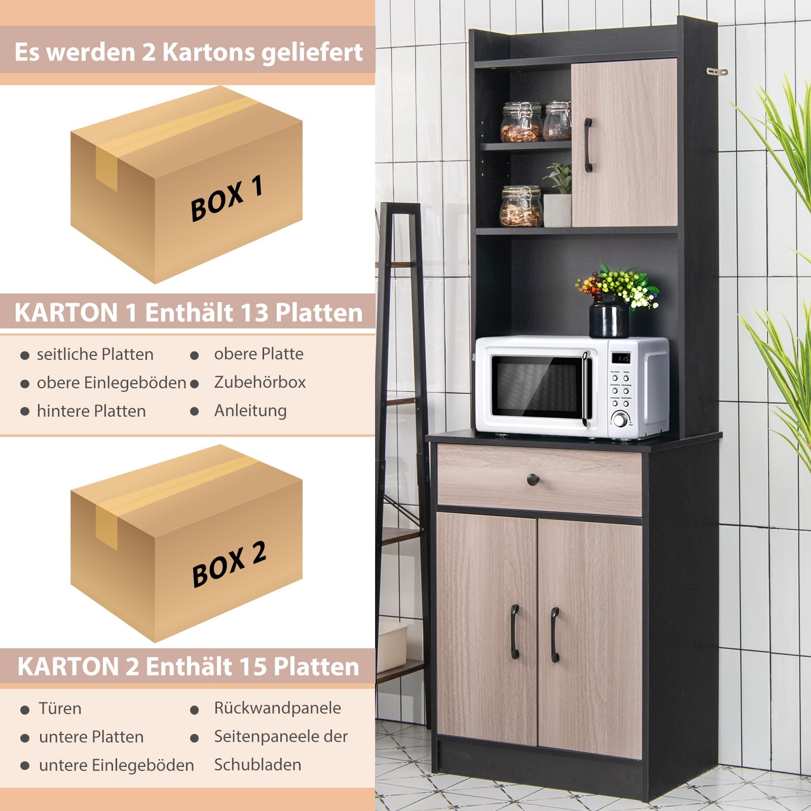 GIANTEX Küchenschrank Buffetschrank Küche, Mehrzweckschrank 60cm Breit, Mikrowellenschrank Hoch 180cm, Aufbewahrungsschrank mit Schublade & verstellbaren Einlegeböden, Hochschrank mit Kippsicherung