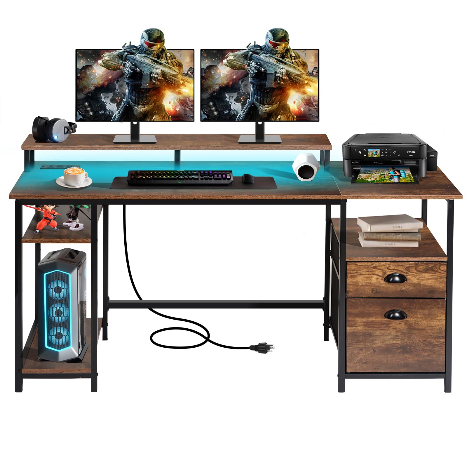 Panana 61.4" Computer Desk with Power Outlet and LED Lights, Desk with 2 Fabric File Cabinet Drawer, Large Reversible Gaming Desk with Shelves and