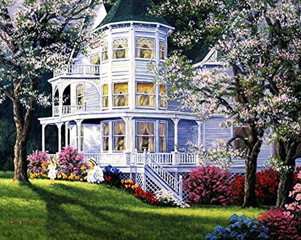 Diy Oil Paint by Number Kit for Adults Beginner 16x20 Inch - House Flowers Tree Landscape,Drawing with Brushes Christmas Decor Decorations Gifts (Frameless)