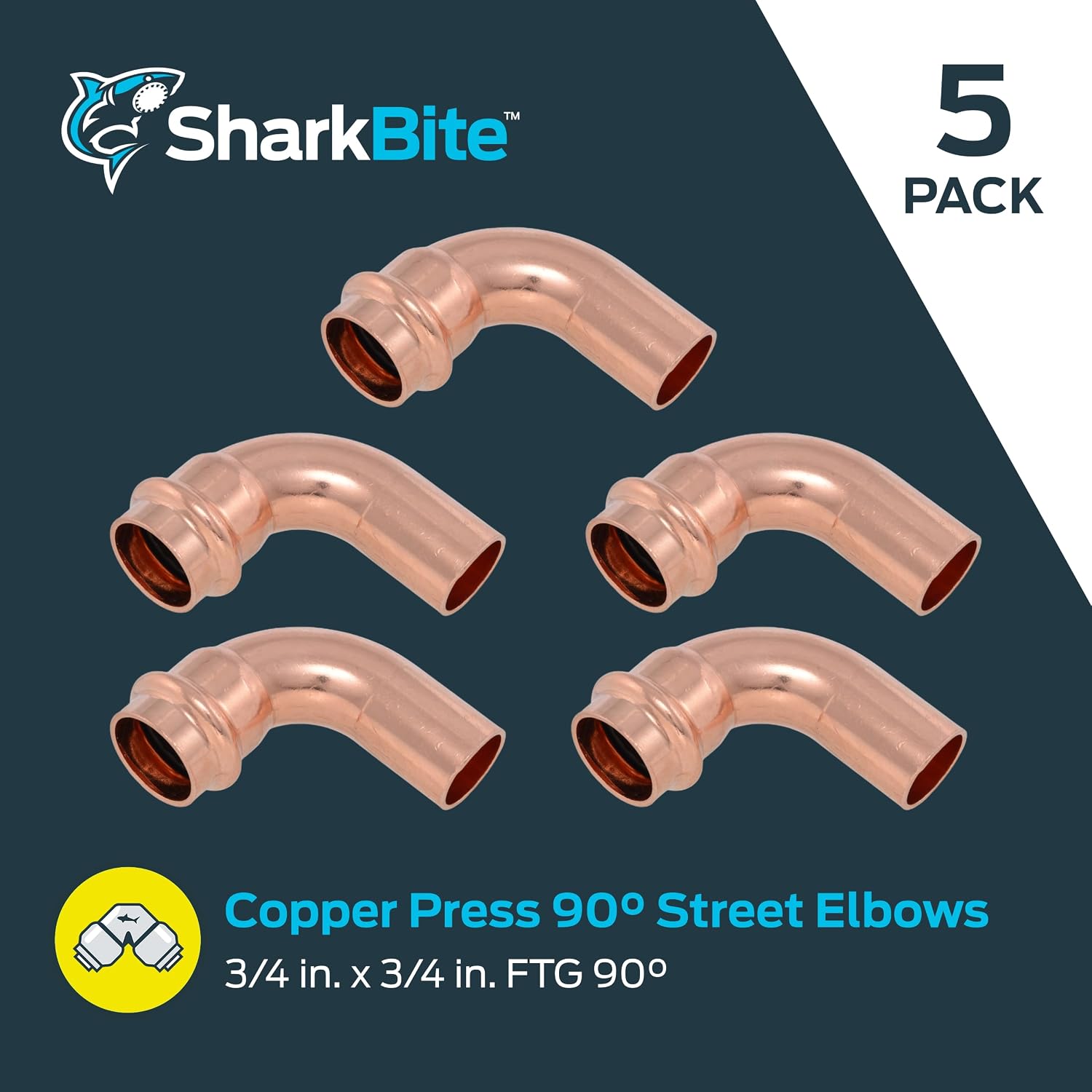 SharkBite 3/4 Inch Copper Press x 3/4 Inch FTG 90 Degree Street Elbow, Plumbing Fitting, Pack of 5, UPR0922X5