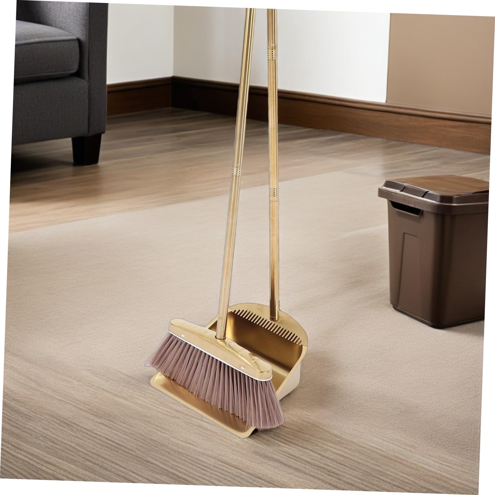 SHINEOFI Schwerer Besen mit Langem Griff und Goldfarbenem Edelstahl Inklusive Kehrschaufel mit Kammzähnen Praktisches Reinigungsset für Haushalt und Garten