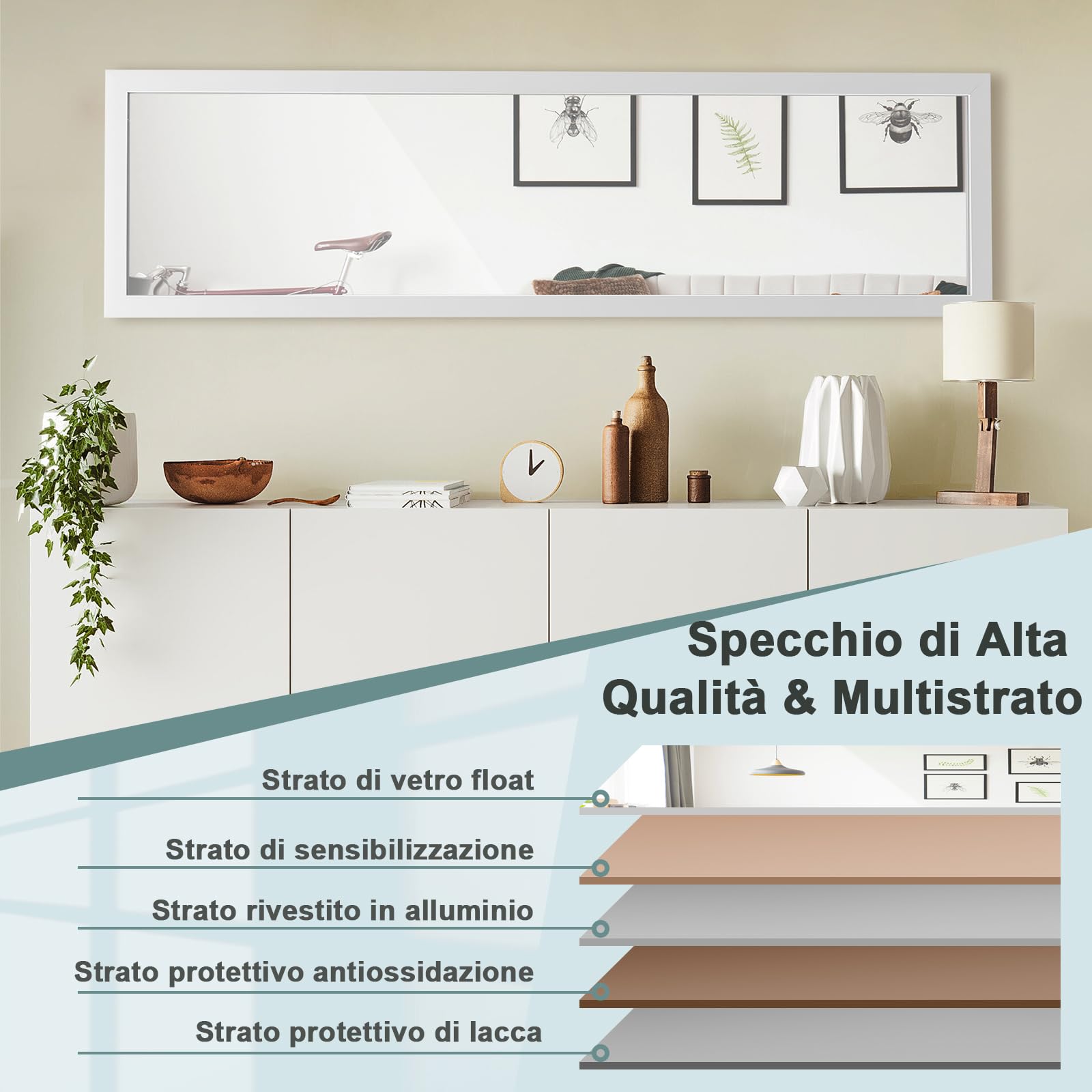 GYMAX Specchio da Parete a Figura, 119 x 33 cm, con Ganci Antiruggine e Adesivi, Specchio Verticale da Porta Antinfortunistico per Camera da Letto Soggiorno Spogliatoio (Bianco)