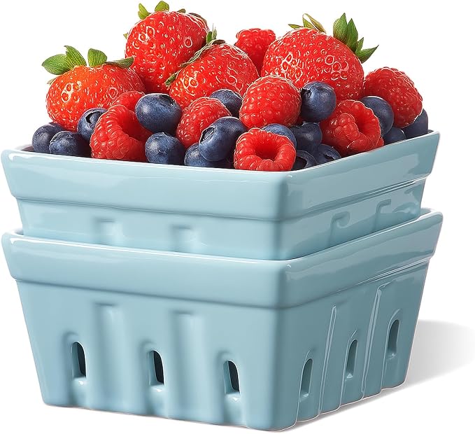 ONEMORE Berry Basket Ceramic Berry Bowls with Holes Square Fruit Bowl Berry Colander Containers for Fridge - 5.8" Fruit Basket for Kitchen Décor, Set of 2, Blue