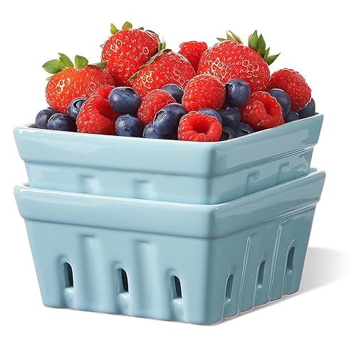 ONEMORE Berry Basket Ceramic Berry Bowls with Holes Square Fruit
