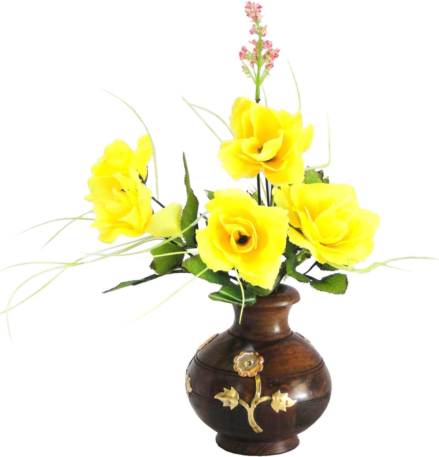 Wooden Vase Flower Holder Handcrafted Brass Floral Carvings