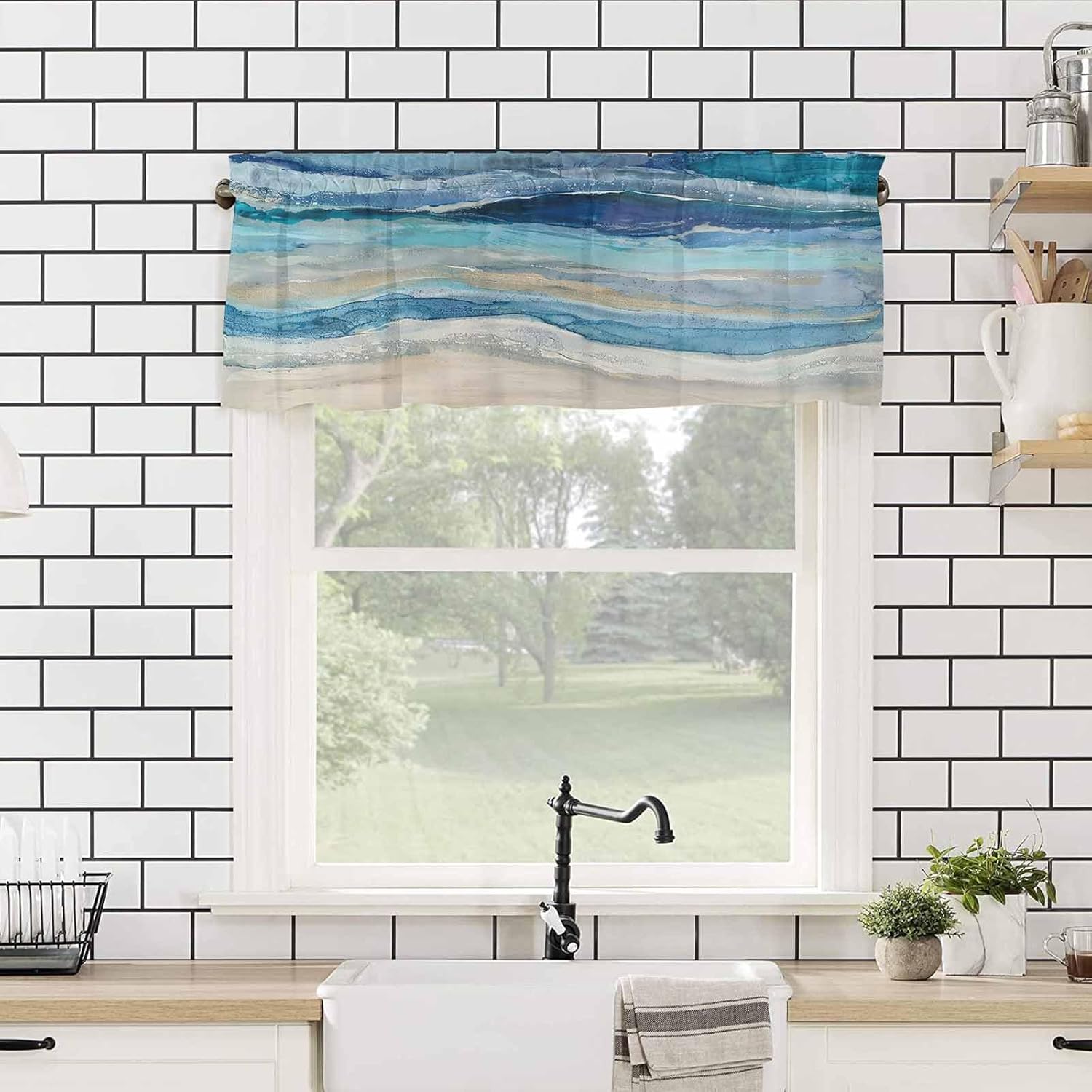 Coastal Beach Valances - Navy Blue Kitchen Curtains - Abstract Blue Wave Window Treatment - Modern Ombre Valances for Living Room, Bedroom & Bathroom - 42"x12" - Image 4