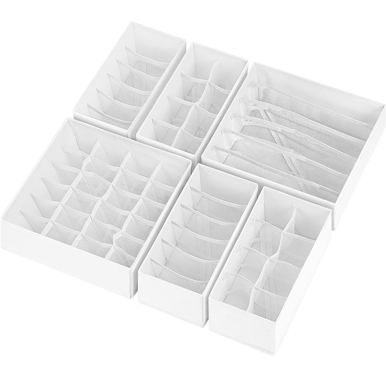 6 Stück Socken-Unterwäsche-Schubladen-Organizer-Trennwände, 58 Zellen, faltbar, Stoff-Kommode, Schrank-Organizer und Aufbewahrungskörbe für Kleidung, Babykleidung, BH, Höschen, Schal, Krawatten (weiß)