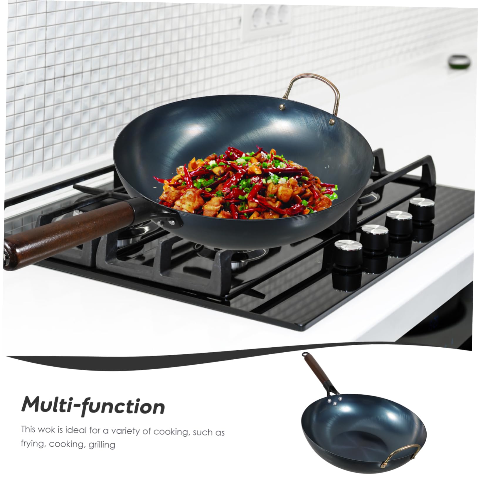 Ciieeo Sartén Wok Chino de Hierro Fondo Plano y Mango de Madera, Superficie Lisa Multifuncional Adecuado para Barbacoa y Cocina Tradicional