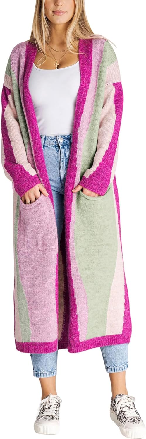 chouyatou Women's Fall Open Front Color Block Long Cardigan Sweater Coat Casual Vertical Striped Coatigan