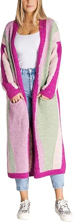 Womens Color Block Vertical Striped Cardigan Sweater Loose Fit Chunky Knit Long Coatigan Coat