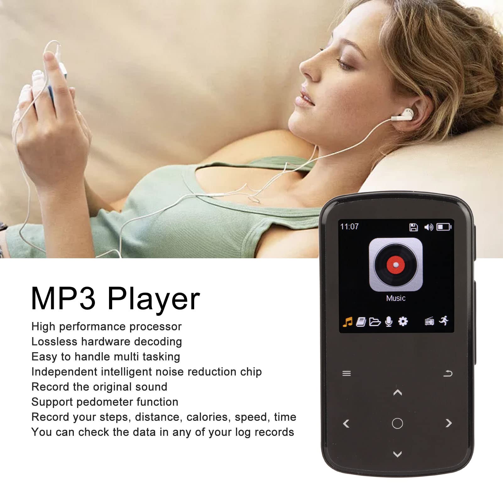 Lettore musicale MP3 con clip posteriore, lettore MP3 a bassi potenti, 1,54 pollici, riduzione intelligente del rumore per l'uso quotidiano per lo sport (64 GB)