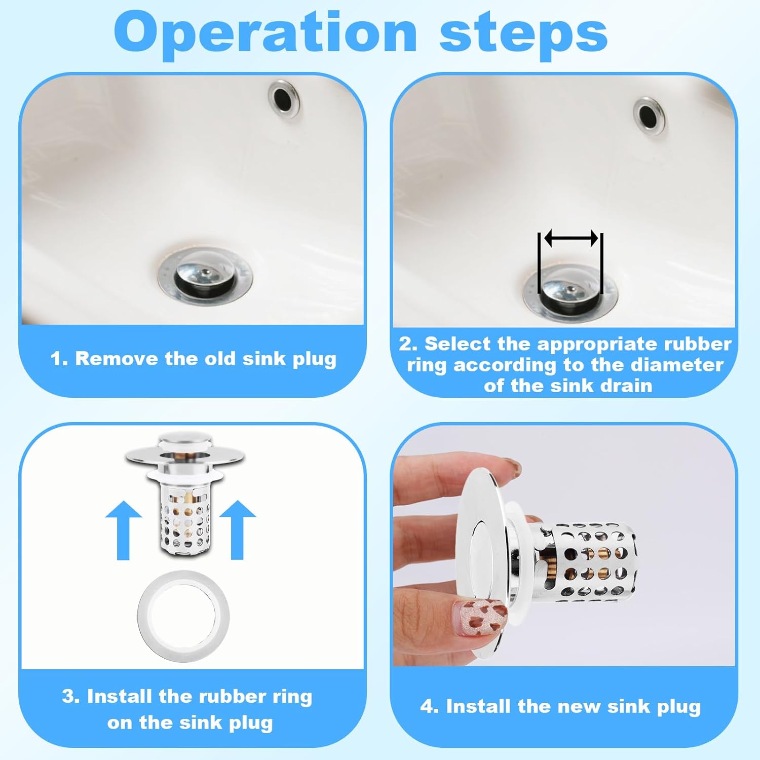 Universal Bathroom Sink Stopper, Stainless Steel Pop up Sink Plug with Removable Strainer Basket Anti Clog Floor Drain Filter Hair Catcher Accessories for Kitchen Bathroom Bath Tub Basin Waste