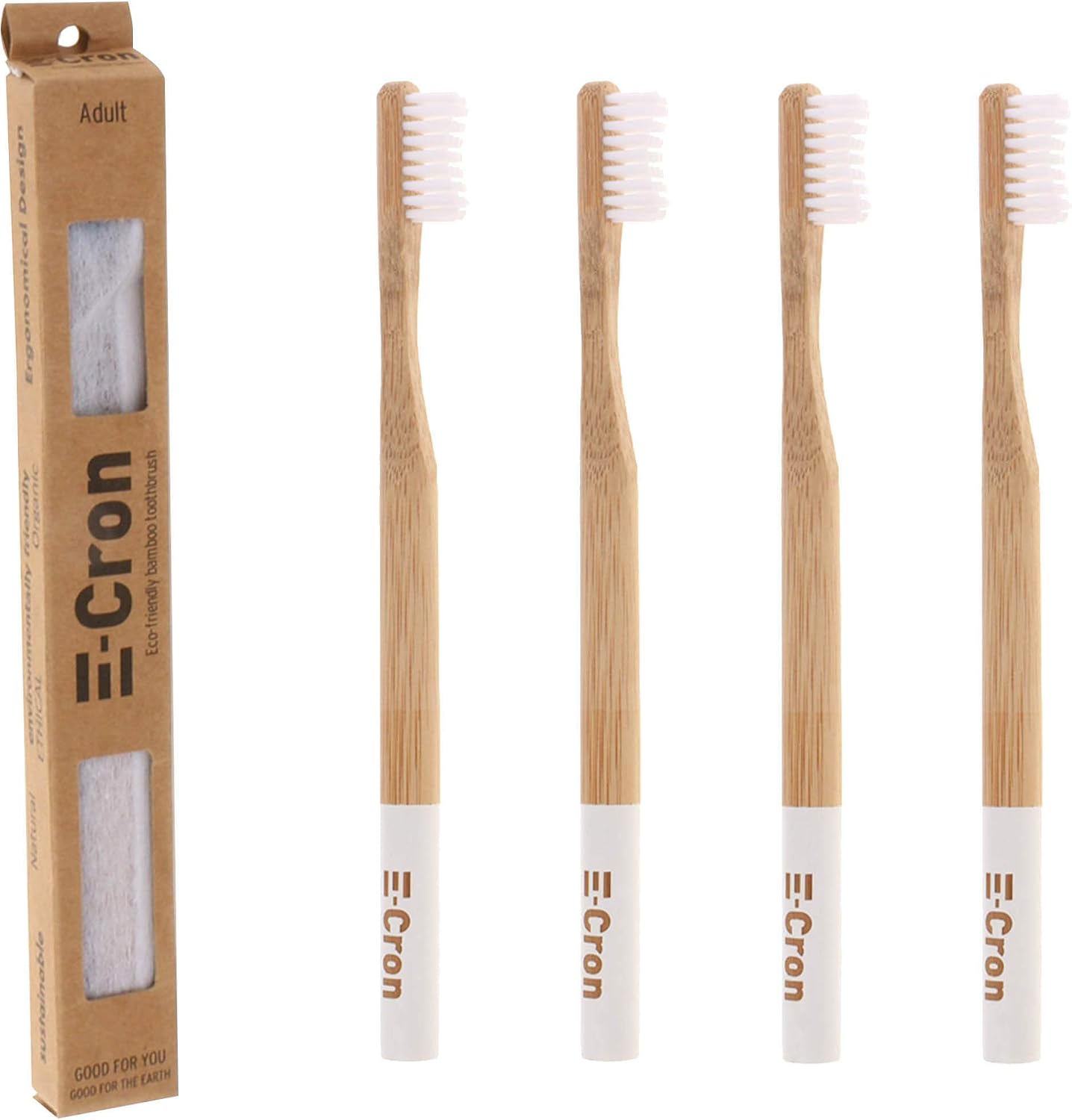 4 x E-Cron Bamboo Toothbrush (White) with Eco-friendly