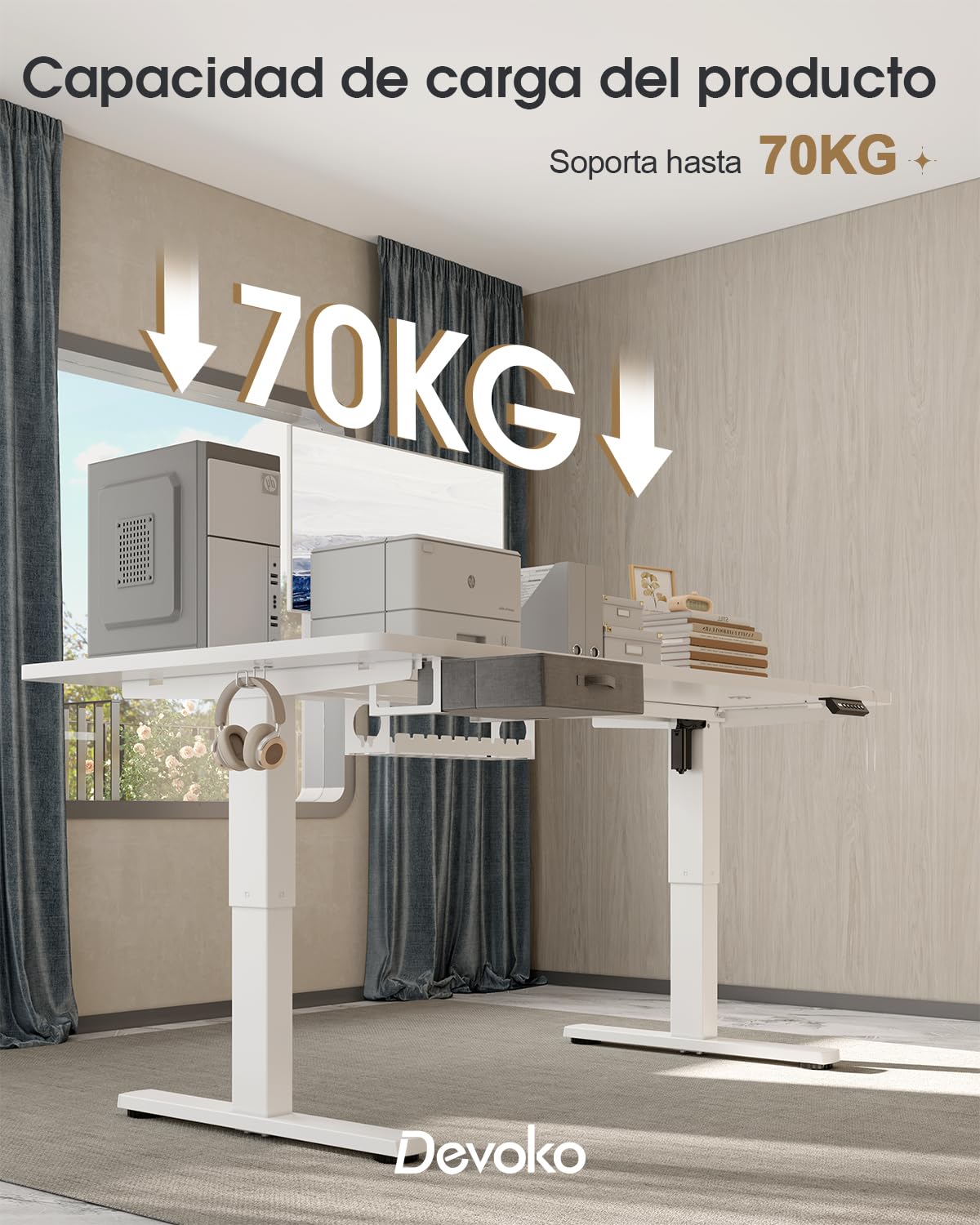 Devoko 160x80cm Escritorio Elevable Eléctrico con Cajones, Escritorio Regulable en Altura de Carga USB-A, Mesa Escritorio Elevable de Gestión de Cables y de Recordatorio de Postura Sentada,Blanco