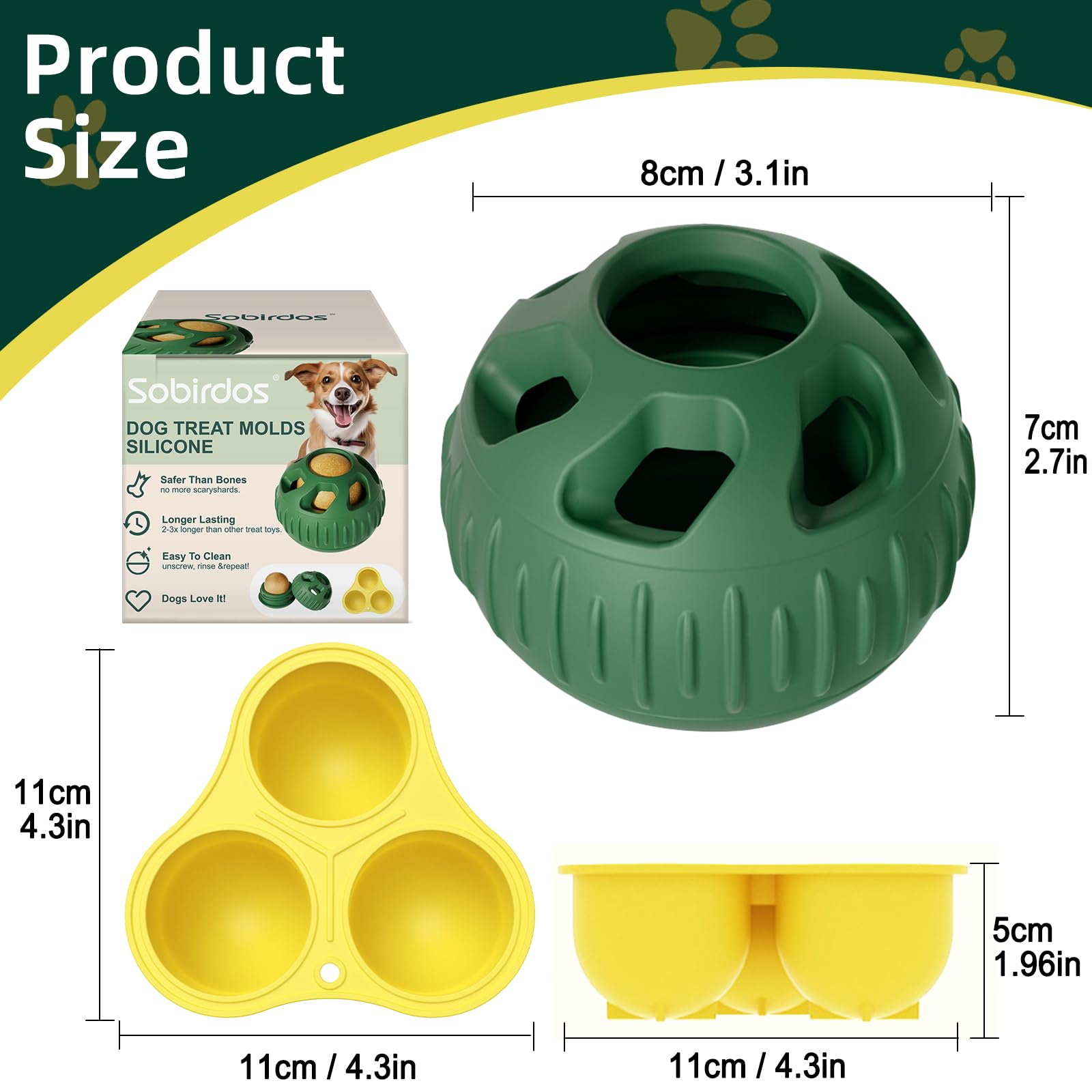 Sobirdos 2pcs Dog Chew Toys with Silicone Tray Mold,Frozen Dog Food Snack Balls,Dog Treat Molds Silicone,Freezable Fillable Rubber Dog Toys,Green Balls and Yellow Molds