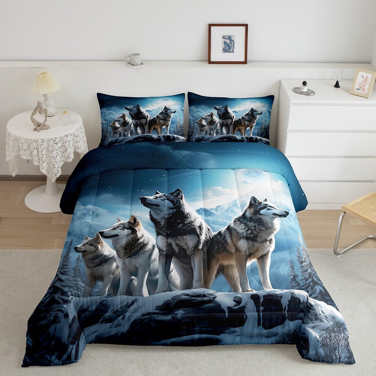 3D Wolf Comforter Set Twin Size,Wild Animals Bedding Set 2Pcs for Kids Boys Men Adult Bedroom Decor,Winter Mountain Scenery Quilt Set Nature Theme Luxury Blue Grey Duvet Insert,1 Pillowcase