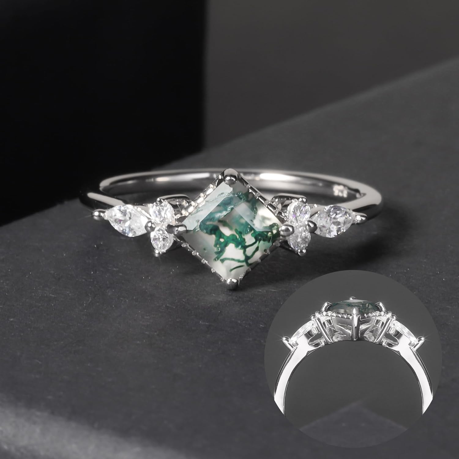 Gem's Beauty Green Moss Agate Rings 14K Gold/14K Rose Gold Three Stone Engagement Ring in 925 Sterling Silver Women's Gold Ring Gifts for Her
