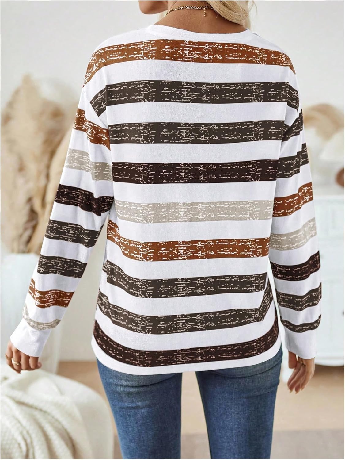 WDIRARA Women's Color Block Striped T-Shirts Drop Shoulder Crew Neck All Over Print Tops Casual Long Sleeve Tees - Image 2