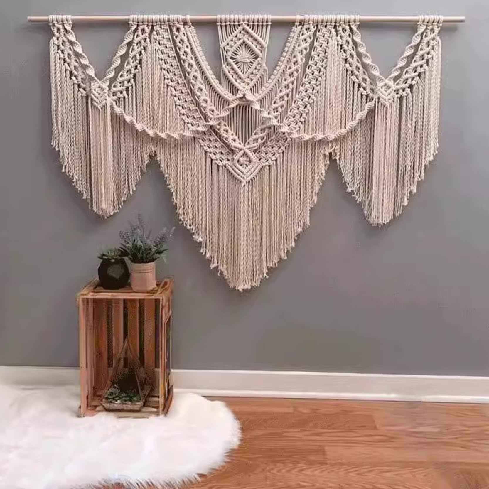 Makrama ścienna duża beżowa/pomarańczowa, makrama gobelinowa dekoracja ścienna boho, ręcznie robiona bawełniana lina frędzle wiązanie dekoracja ścienna do sypialni,Beige-110 x 100 cm