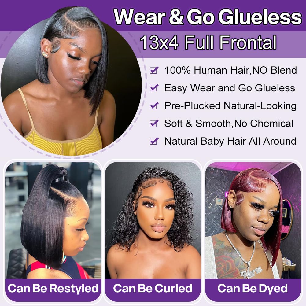 Human Hair Bob Wig with 13x4 HD Lace Frontal, Straight Glueless Design
