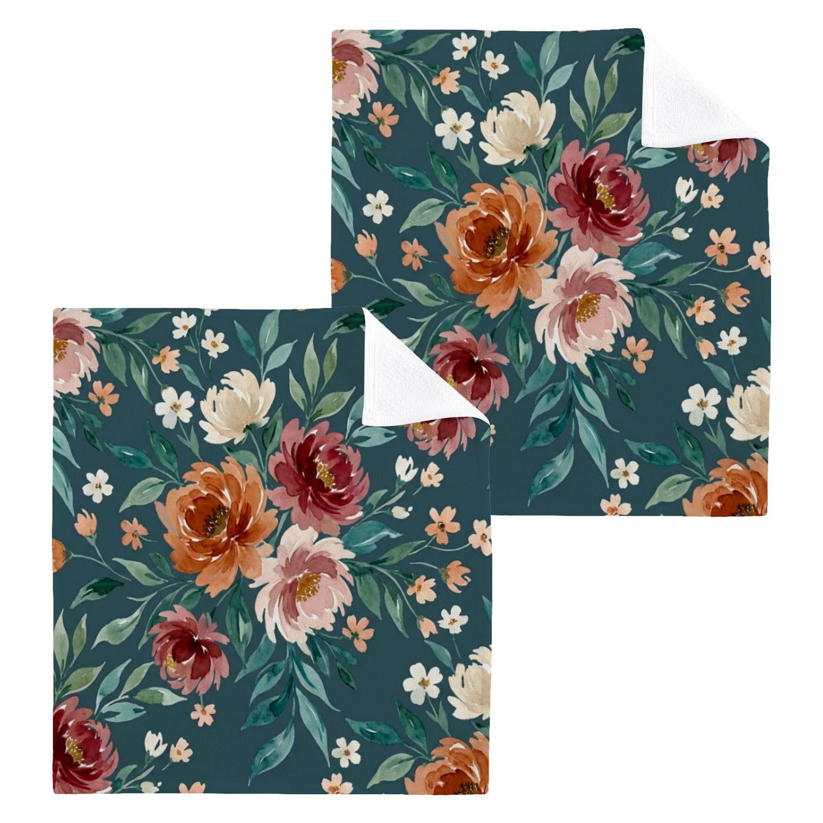 BOESI Teal Floral Watercolor 12x12in Cotton Washcloth,Face Towel
