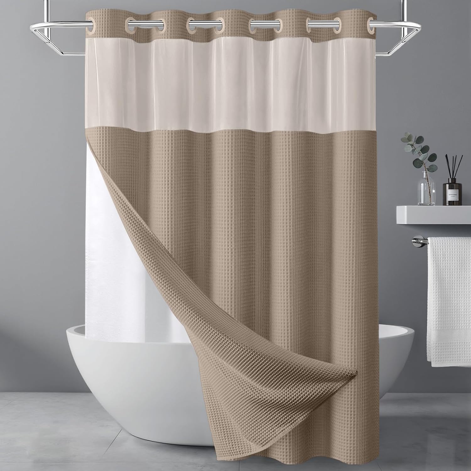 Beige Cotton No Hook Shower Curtain,Waffle Weave Shower Curtain Set,with Snap in Replacement Liner 75" L x 72" W