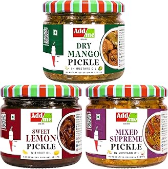 home made hand made dry mango pickle sukha aam ka achar 300gm, Pachranga mixed pickle 300gm, red stuffed chilli pickle banarasi bharwa lal mirch, 300grm all in pure mustard oil mix combo gift pack Glass jar