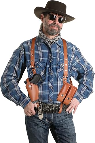 Miniatura 2 de Sratte Funda ajustable de cuero para pistola para transporte oculto, funda vintage con doble bolsa para revista, accesorio de disfraz de vaquero