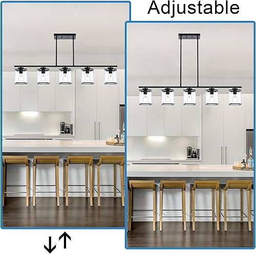 Miniatura 6 de MELUCEE Iluminación lineal de isla de cocina con pantallas rectangulares de vidrio transparente, 5 lámparas de araña para comedor, lámpara colgante