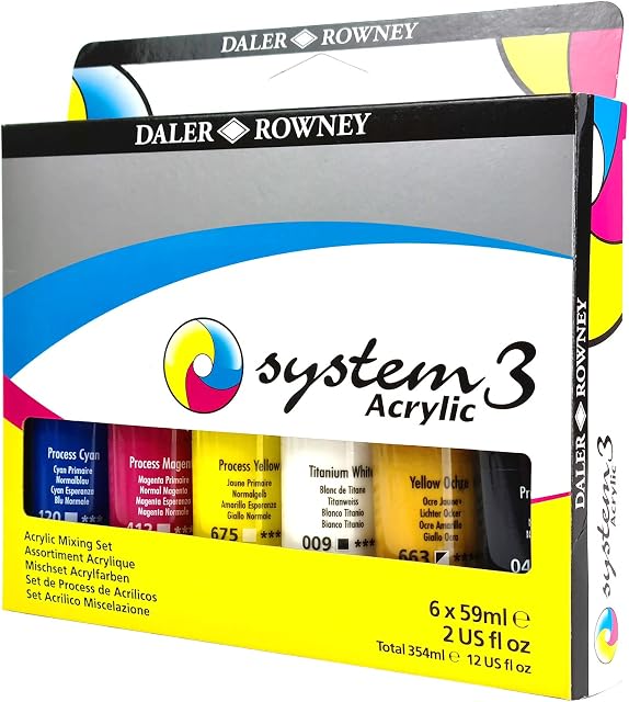 Daler-Rowney System3 59ml Acrylic Paint Process Set, 6 x Assorted Vibrant Colours, Multi-Surface, Ideal for Professional Artists