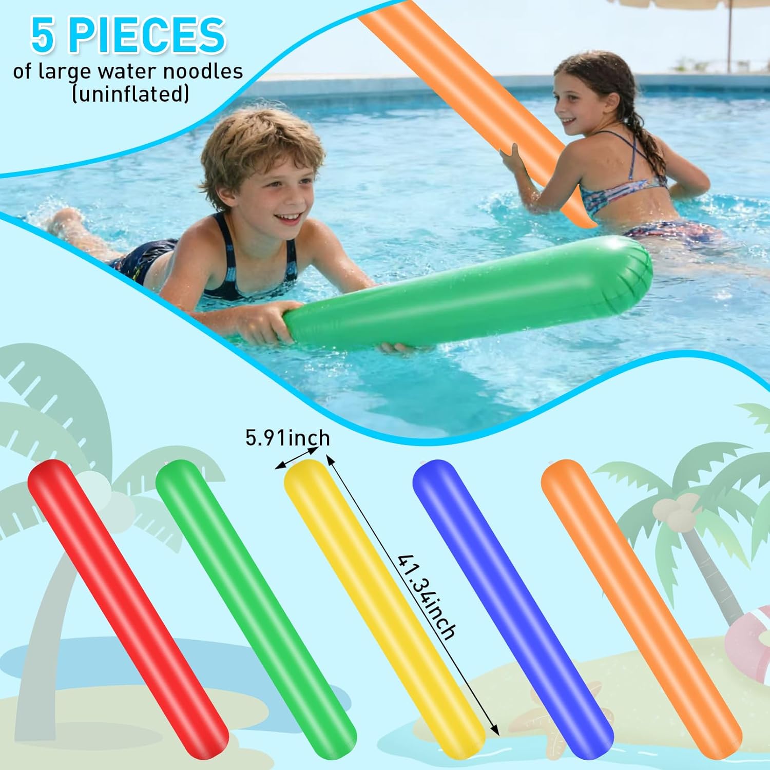 5 Pcs Inflatable Pool Noodles,41 in 5 Colors PVC Pool Float Giant Blow Up Pool Noodles for Swimming Pool,Beach,Lake,Soft Fabric Covered Large Inflatable Sticks for Water Games