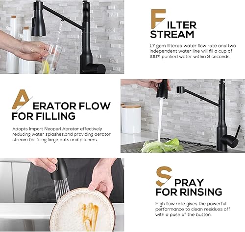 Miniatura 3 de Grifos de cocina 3 en 1 con boquilla de filtro de agua, grifo de agua potable de 3 vías, grifos de cocina negros de una sola manija con rociador