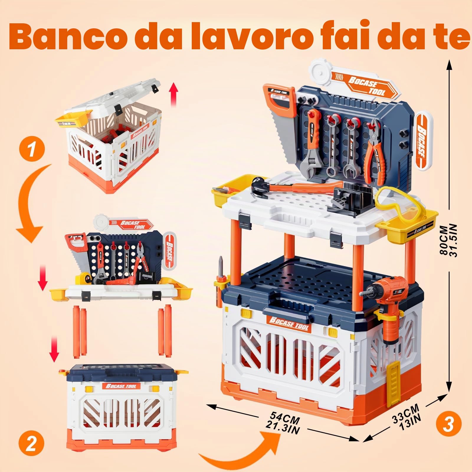 deAO Banco degli Attrezzi per Bambini, Trapano Elettrico e Realistico, Set di 90 Pezzi Trasformabile, Gioco di Finzione, Giocattoli da Costruzione