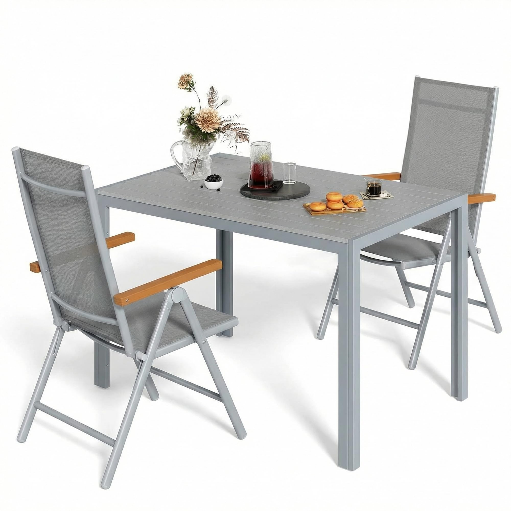 LIFERUN Juego de Muebles de Jardín 3 Piezas Aluminio, Mesa WPC 110x70 cm + 2 Sillas Plegables con Respaldo Alto, Muebles de Exterior Resistentes a la Intemperie para Terraza y Balcón,Gris Completo