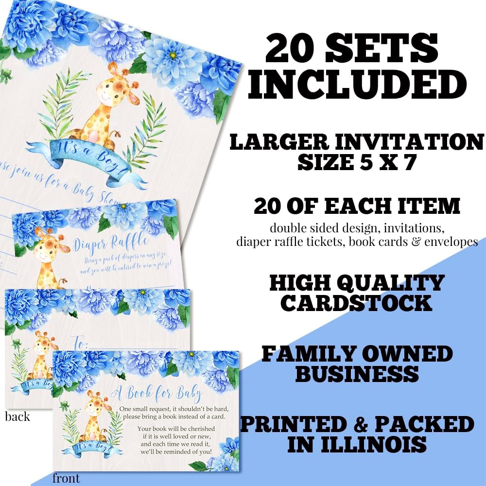 Amanda Creation Baby Shower Invites for Boys – Dahlia Floral Giraffe Baby Shower Invitation Bundle with Diaper Raffle Tickets, Book Request Cards & Envelopes. Set of 20 5X7 Blue Invitation Kit Sets