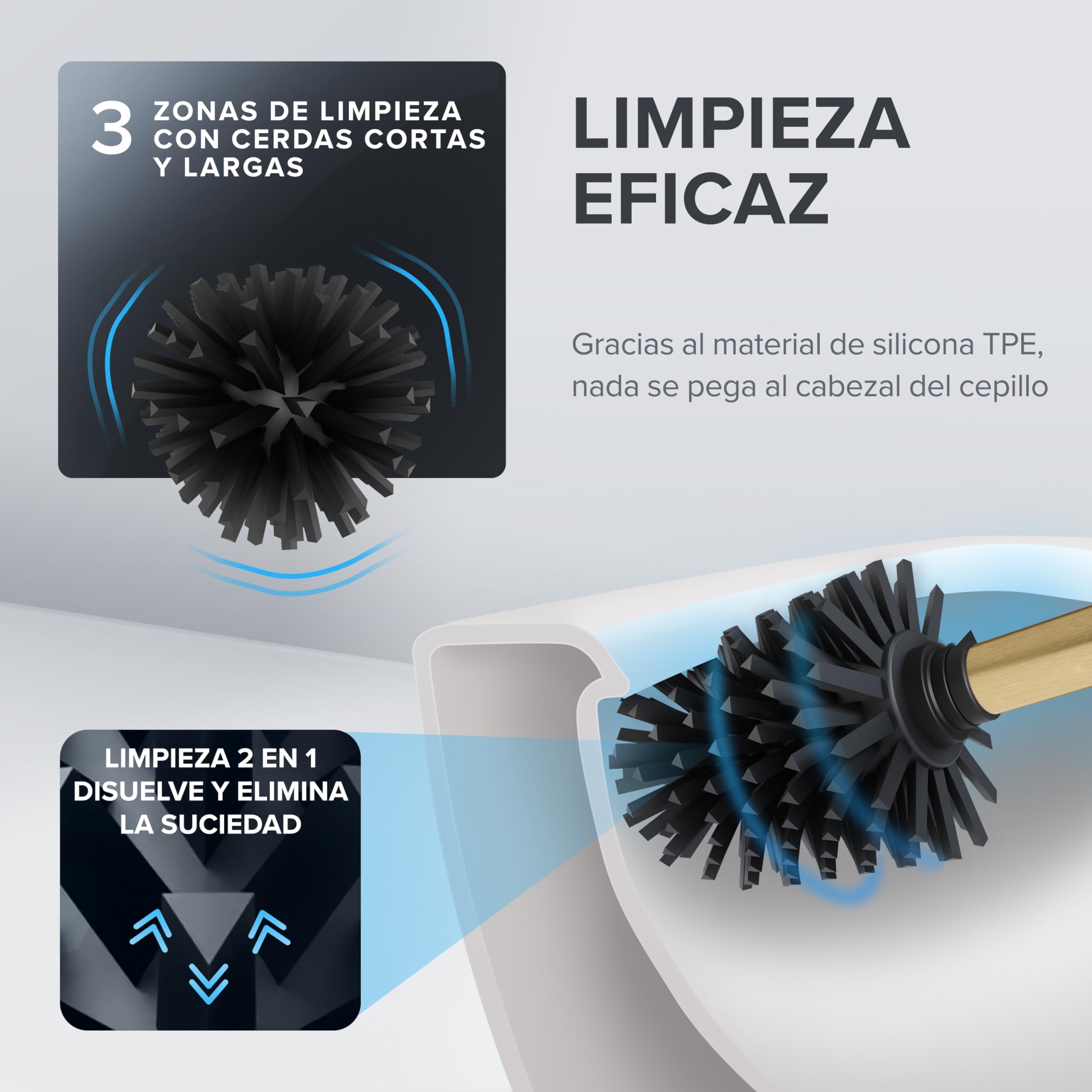 ovimar Escoba de WC Erviksanden | oro | soporte de pared sin perforaciones | escobilla de WC de silicona | escobilla de WC con función de ventilación | para pegar | en acero inoxidable | cabezal para